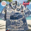 Blue and white patterned BMW themed Hawaiian shirt featuring car illustrations, speedometers, and Munich landscape designs.!