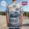 Short-sleeve button-down shirt featuring blue and cream BMW heritage print with cars, logos, and Bavarian landmarks.!
