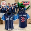 Boston Red Sox themed baseball jersey with navy blue diamond pattern, white piping, red B logo, and Scotland flag patch.!