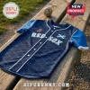 Navy blue Red Sox baseball jersey with a diamond grid pattern, blue sleeves, white piping, and a Scottish flag patch.!