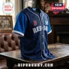 Navy blue Boston Red Sox baseball jersey with a diamond grid pattern, white piping, and a Scottish flag patch on the chest.!