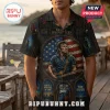 Bruce Springsteen button-down shirt with stained glass graphics, US flag, and album titles on a dark blue background.!