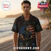 Bruce Springsteen button-down shirt featuring stained glass American flag design and iconic album titles on a beach background.!