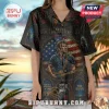 Bruce Springsteen button-down shirt featuring stained-glass graphic of the artist, US flag, and album titles on dark fabric.!