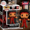 Funko Pop Music Bruno Mars number 24 figure in a red suit with headband and microphone on a stand, next to matching box.!