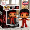 Bruno Mars Funko Pop figure wearing a red suit and headband with a microphone, displayed in its numbered collector box.!