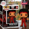 Funko Pop Music Bruno Mars Live figure 24 in red stage outfit with microphone, standing outside its branded display box.!