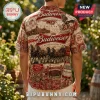 Budweiser vintage print short-sleeve button-down shirt featuring Clydesdale horses, brewery architecture, and logos.!