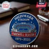 Highmark Stadium farewell season collectible metal coin in blue and red enamel on a wooden desk.!