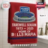Red bathroom towel embroidered with Highmark Stadium, Farewell Season 1973-2025, and Bills Mafia text.!