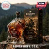 Buffalo Trace glass whiskey decanter shaped like a bison standing next to its branded black cardboard presentation box.!