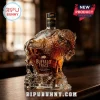 Buffalo Trace Kentucky Straight Bourbon glass decanter shaped like a bison on a wooden surface against a blurred background.!