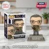 Rupert Giles Funko Pop 1391 vinyl figure with glasses, book, and wooden stake on a memorial base standing near retail box.!