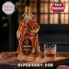 Captain Morgan shaped clear glass liquor decanter with gold cap, sword, and matching etched crystal tumbler on wood table.!