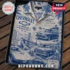 Blue and cream short-sleeve button-down shirt featuring Chevrolet classic cars, Golden Gate Bridge, and vintage typography.!
