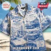 Short-sleeve white and blue Hawaiian shirt featuring Chevrolet car graphics, Golden Gate Bridge, and vintage text prints.!