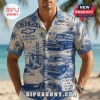 Vintage blue and white Chevrolet print button-down shirt featuring classic cars, the Golden Gate Bridge, and palm trees.!