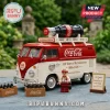 Red and white brick-built Coca-Cola anniversary camper van with a large bottle roof rack and a matching minifigure.!