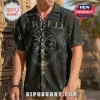 Short-sleeve button-down shirt featuring a dark Creed rock band print with gothic motifs, roses, and stained glass patterns.!