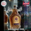 Crown Royal Canadian Whisky bottle shaped like a moose head with decorative faceted glass horns and gold label details.!