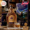 Crown Royal Northern King whisky bottle with glass moose antlers, purple velvet bag, and matching display box on a table.!