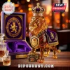 Crown Royal Lion Edition whiskey bottle in amber glass with a purple cape, gold crown, and matching velvet-lined gift box.!