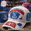 Crystal Palace F.C. white distressed baseball cap with embroidered Champions UEFA Conference League text and club badge.!