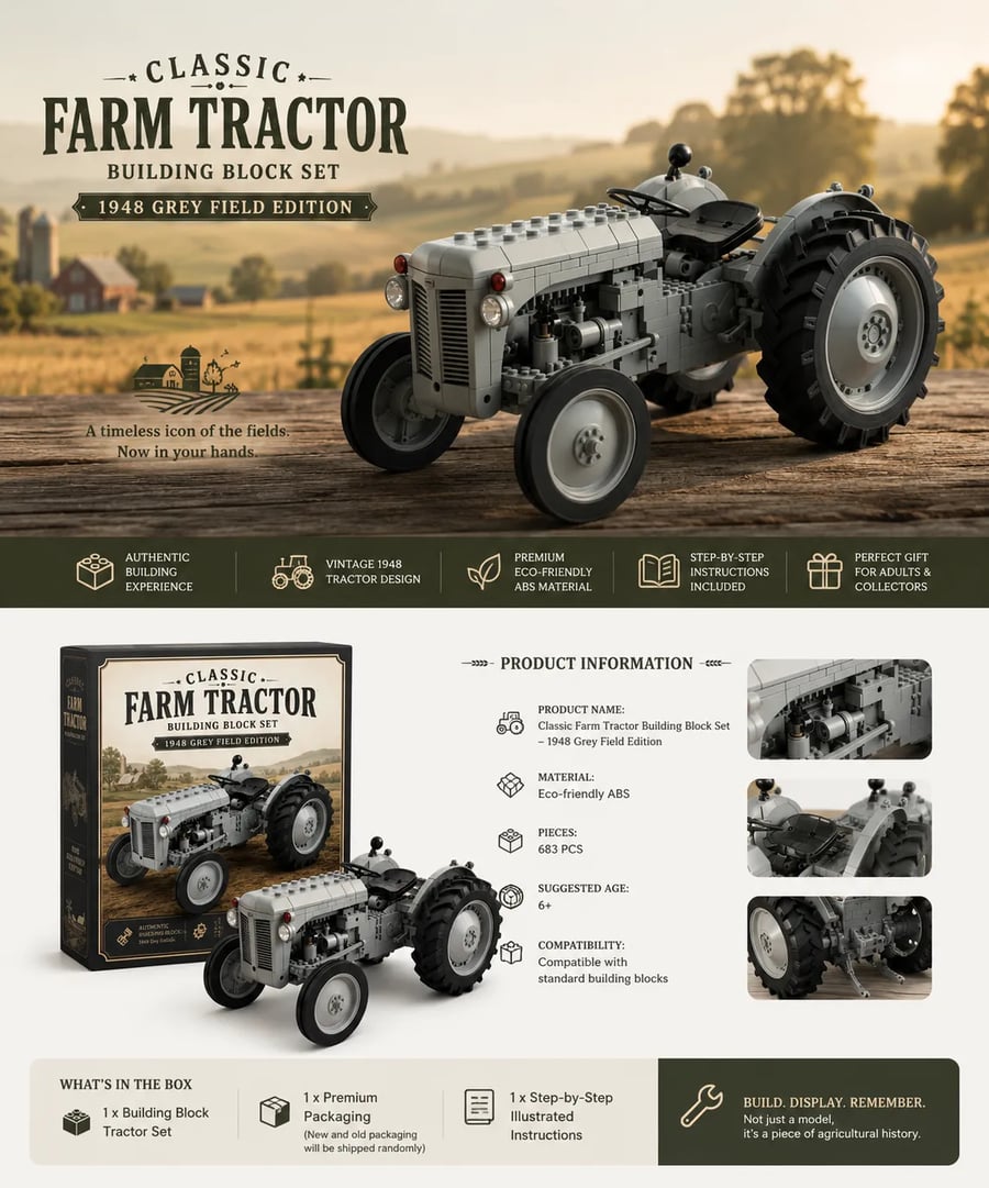 Classic 1948 Grey Farm Tractor Building Block Set – Vintage Field Edition Classic 1948 Grey Farm Tractor Building Block Set – Vintage Field Edition