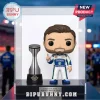 Vinyl figure of a NASCAR driver in a white and blue Freeway Insurance uniform next to a Coca-Cola 600 trophy in a case.!