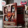 David Bowie themed red leather wallet featuring enamel pins of his iconic personas and the text Bowie - The Chameleon of Rock.!