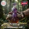 Purple faceted glass Mind Flayer whiskey decanter with glowing eyes held in a hand over a mossy forest stump.!