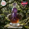 Cthulhu-themed purple crystal decanter with amber liquid, metallic armor detailing, and diamond-cut stopper on stone rock.!