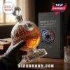 Glass Death Star whiskey decanter with metallic accents and base plaque marking 50th anniversary, 1977-2027.!