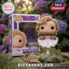 Funko Pop Movies Dirty Dancing Baby figure in white dress next to purple collector box against purple hydrangea background.!