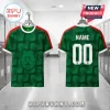Custom soccer jersey in green with geometric pattern, red shoulder stripes, white collar, bear graphic, and blank number 00.!