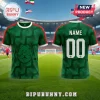 Custom green soccer jersey with zigzag patterns, red sleeve accents, and a mustache bear graphic on a stadium background.!