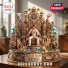 Elvis Presley collectible statue sitting on a throne with tiki statues, surfboards, and Aloha from Hawaii signage.!