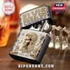 Elvis Presley metal lighter featuring gold relief portrait, rhinestone accents, and rock and roll themed engravings.!
