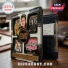 Elvis Presley themed bi-fold wallet featuring metal-style plaques of the King, Pink Cadillac, and Elvis logo on faux leather.!