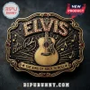Gold-toned Elvis Presley belt buckle featuring an acoustic guitar, rhinestone lettering, and music notes on black metal.!