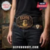 Elvis Presley antique gold belt buckle with guitar motif, text reading The King of Rock 'n' Roll, and three guitar picks.!