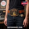 Elvis Presley belt buckle featuring an acoustic guitar, script signature, and music notes on a brown leather belt.!