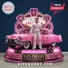 Elvis Presley figurine wearing a white jumpsuit standing next to a pink Cadillac on a Las Vegas themed light-up base.!