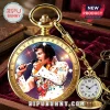 Gold Elvis Presley quartz pocket watch featuring a singing Elvis portrait, star engravings, and matching gold chain.!