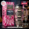 Elvis Presley Yeti stainless steel tumbler with pink tie-dye pattern, guitar bridge detail, and TCB logo on black surface.!