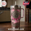 Elvis Presley stainless steel tumbler with pink tie-dye pattern, embossed metal gears, lightning bolts, and TCB logo.!