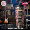 Elvis Presley stainless steel tumbler featuring 3D guitar gear graphics and pink background on a dark marble surface.!