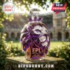 Faceted glass lion head whiskey decanter with purple accents, engraved with EPL English Premier League 35th Anniversary.!