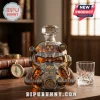Fallout T-50 power armor helmet whiskey decanter in crystal with amber liquid, 30th anniversary text on wooden table.!