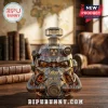Fallout T-51 power armor helmet glass whiskey decanter with 30th anniversary text and radiation symbol on wooden table.!